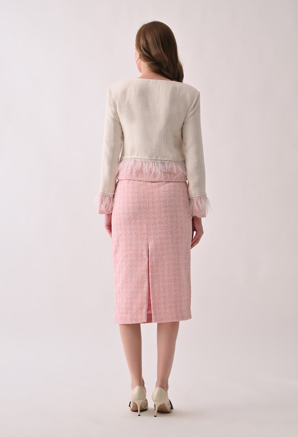 Cropped tweed white and pink jacket and skirt set