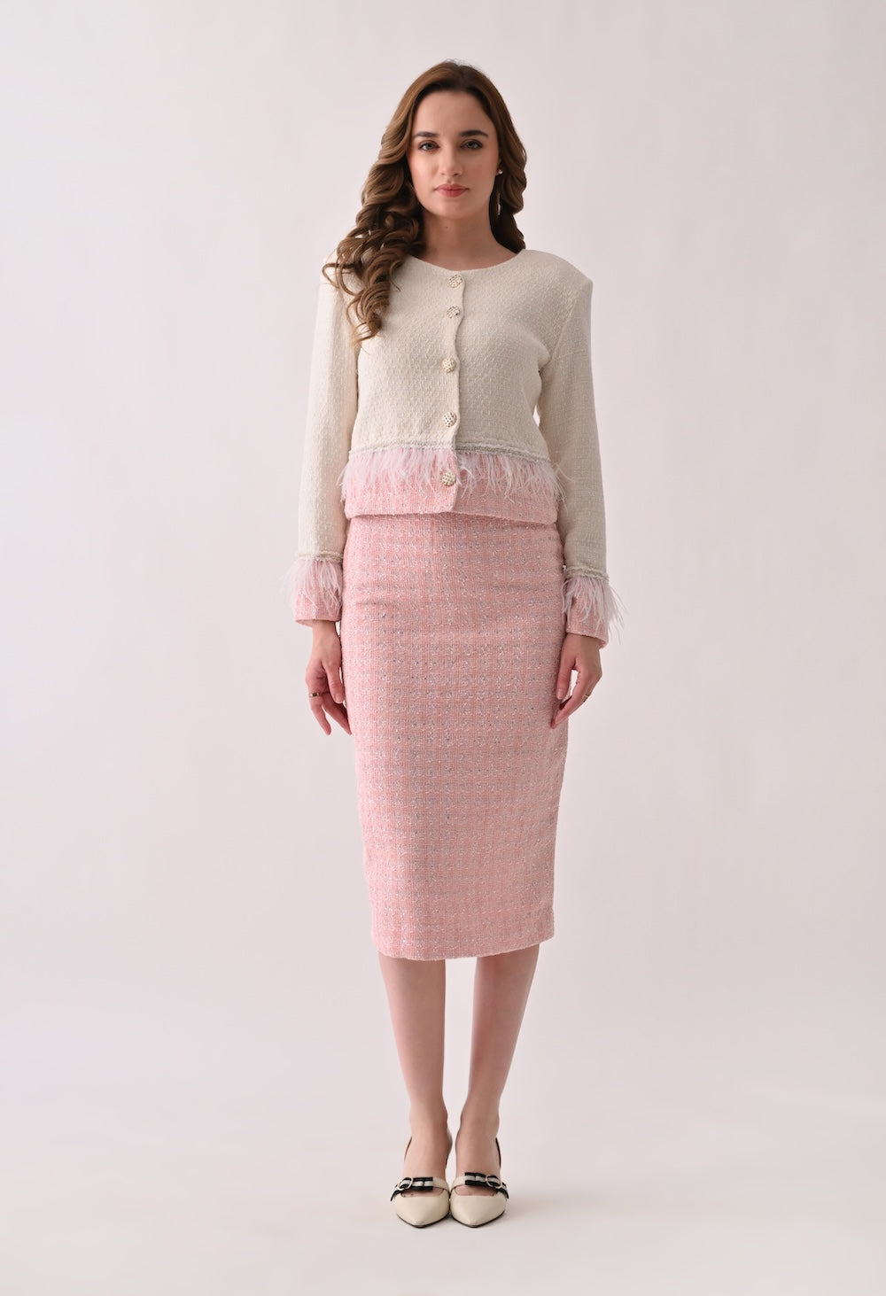 Cropped tweed white and pink jacket and skirt set