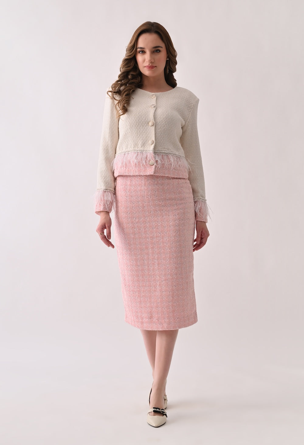 Cropped tweed white and pink jacket and skirt set