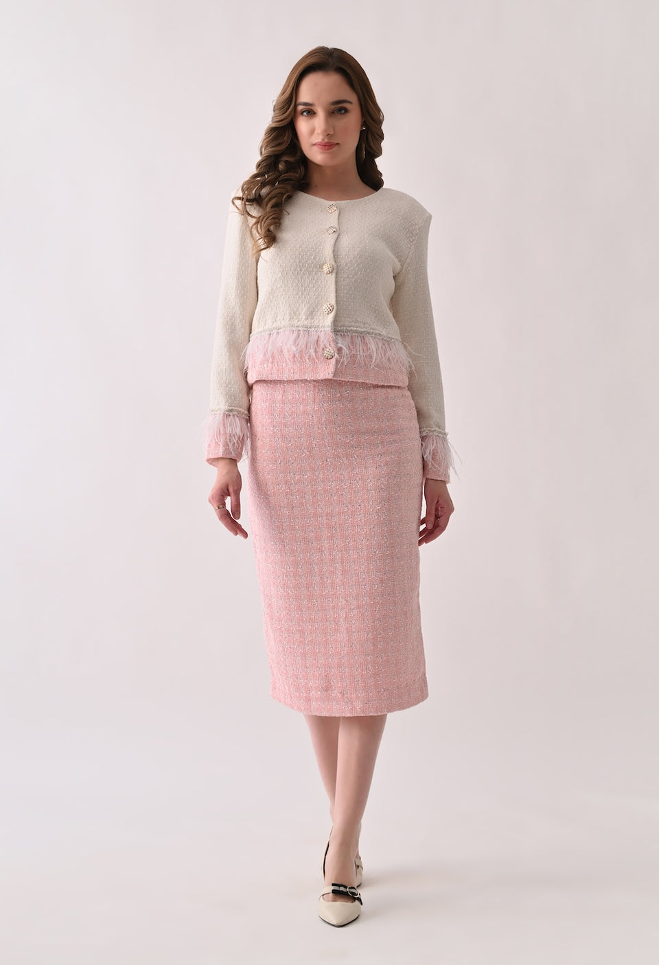 Cropped tweed white and pink jacket and skirt set