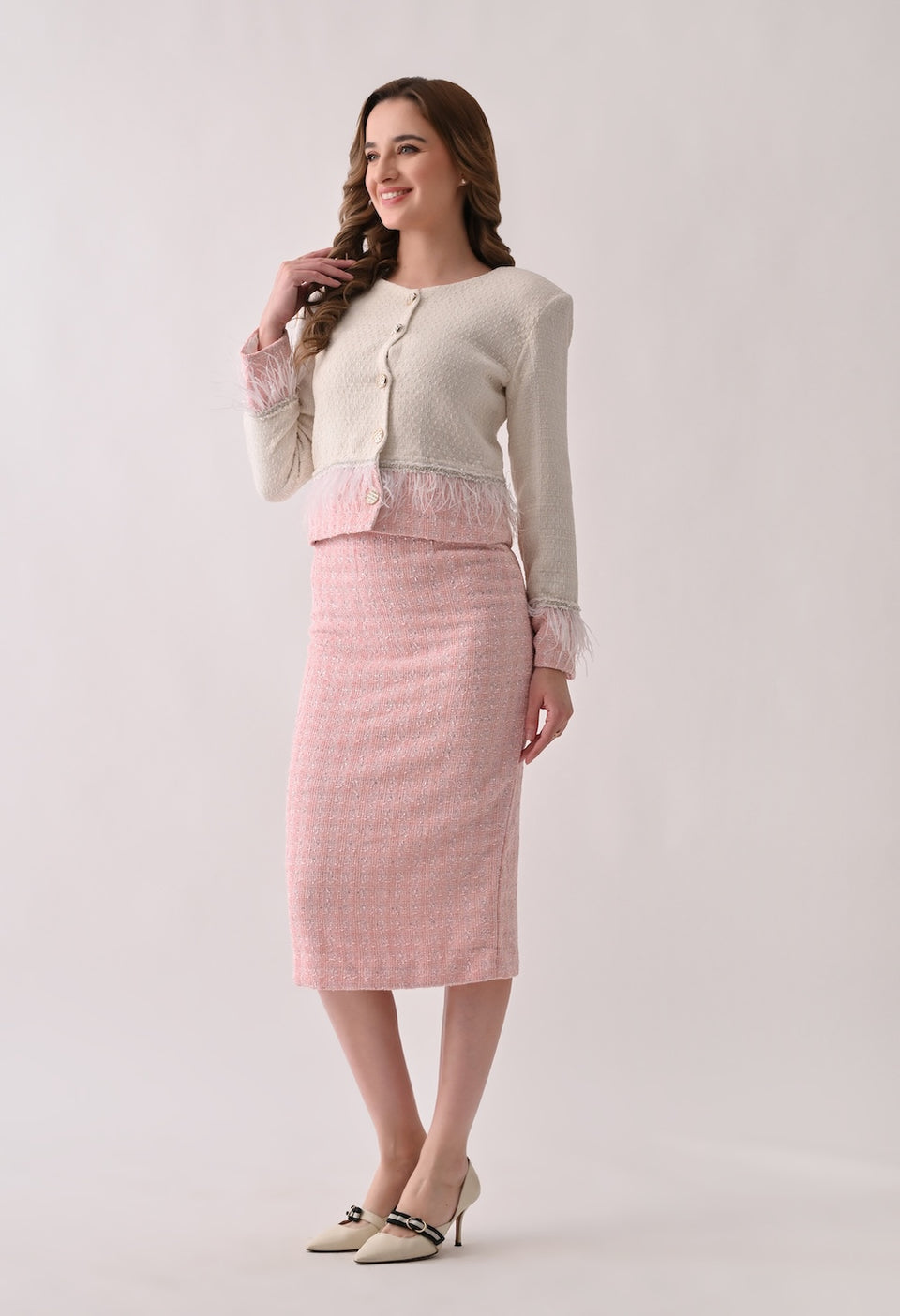 Cropped tweed white and pink jacket and skirt set