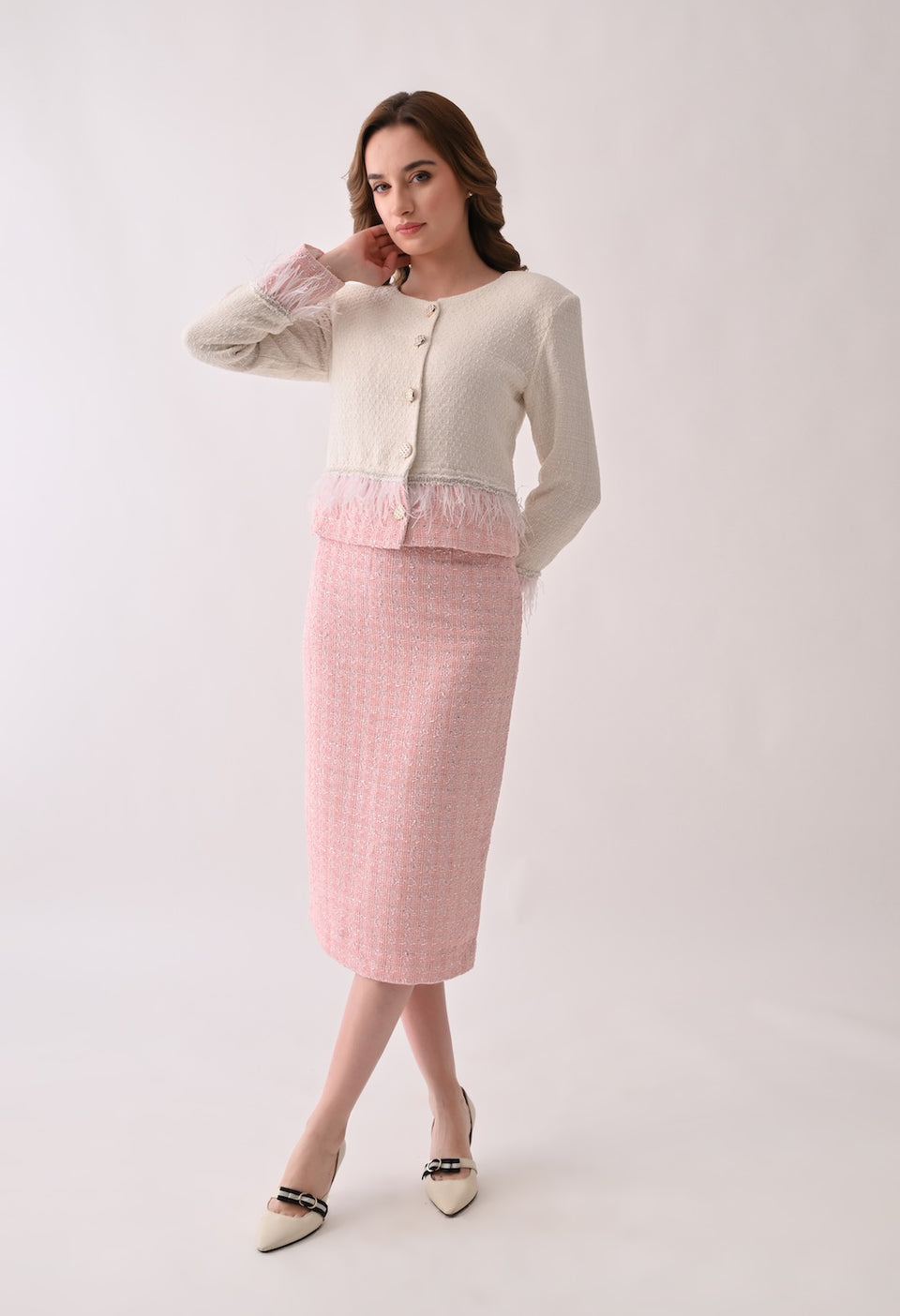 Cropped tweed white and pink jacket and skirt set