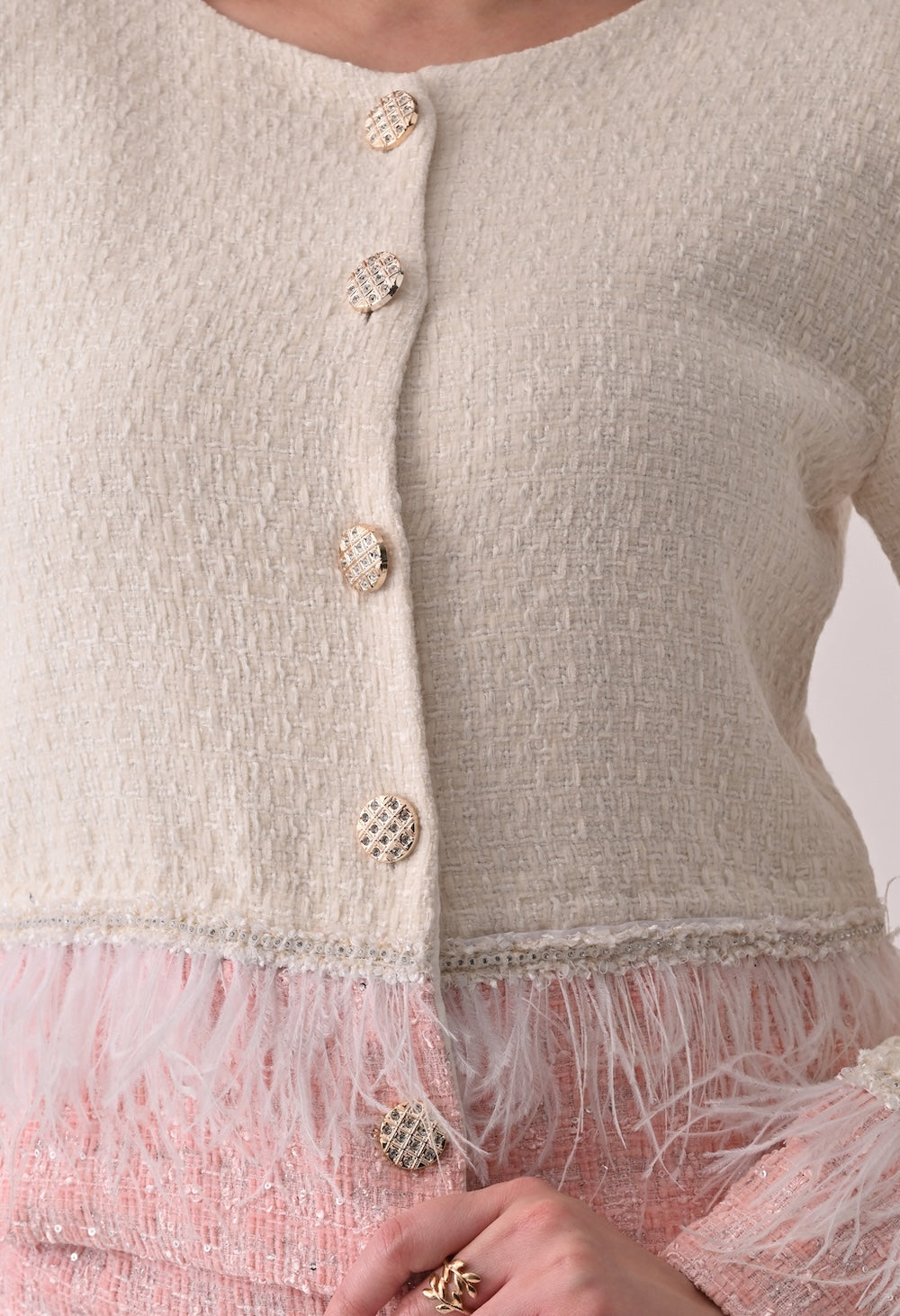Cropped tweed white and pink jacket and skirt set
