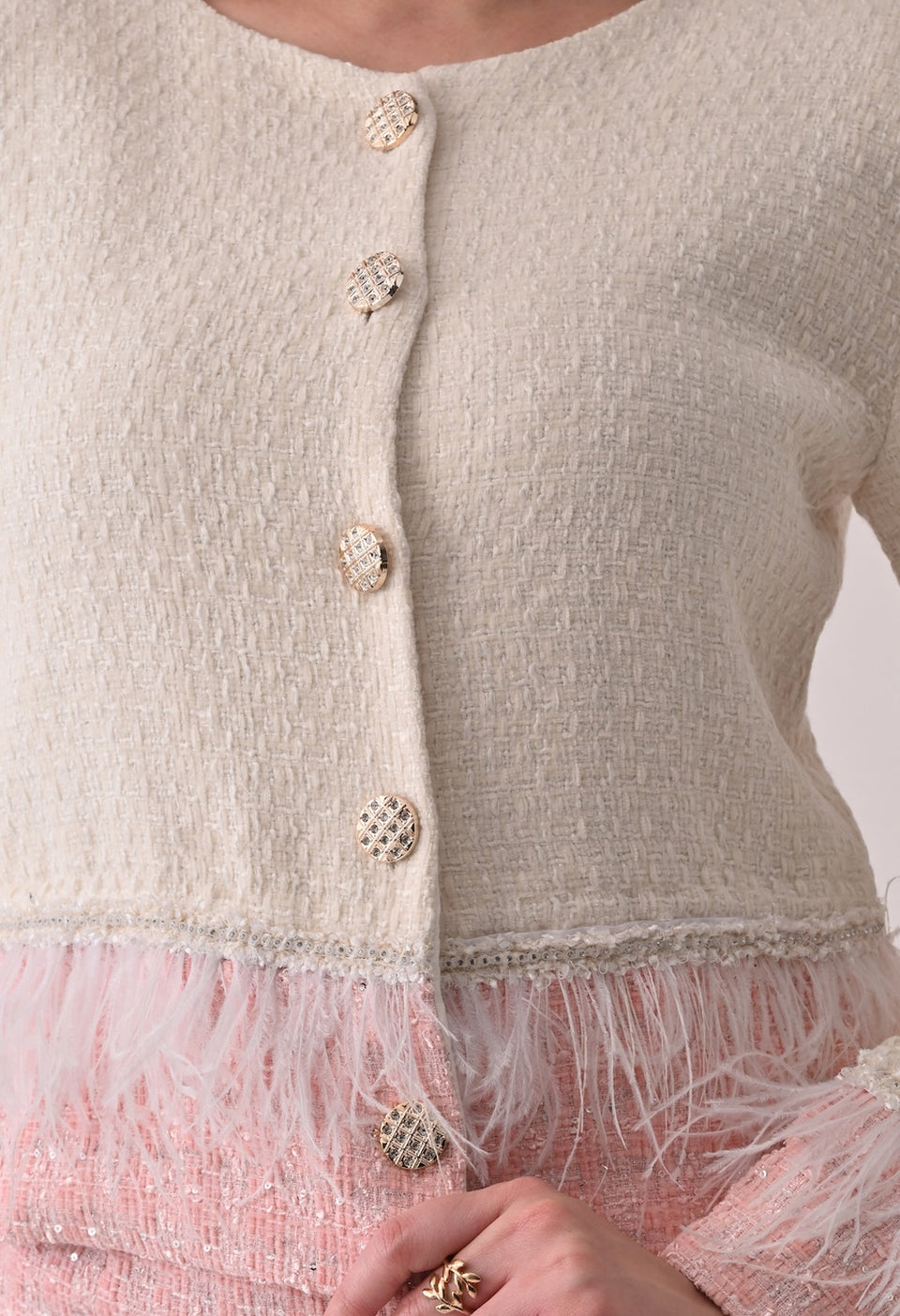 Cropped tweed white and pink jacket and skirt set