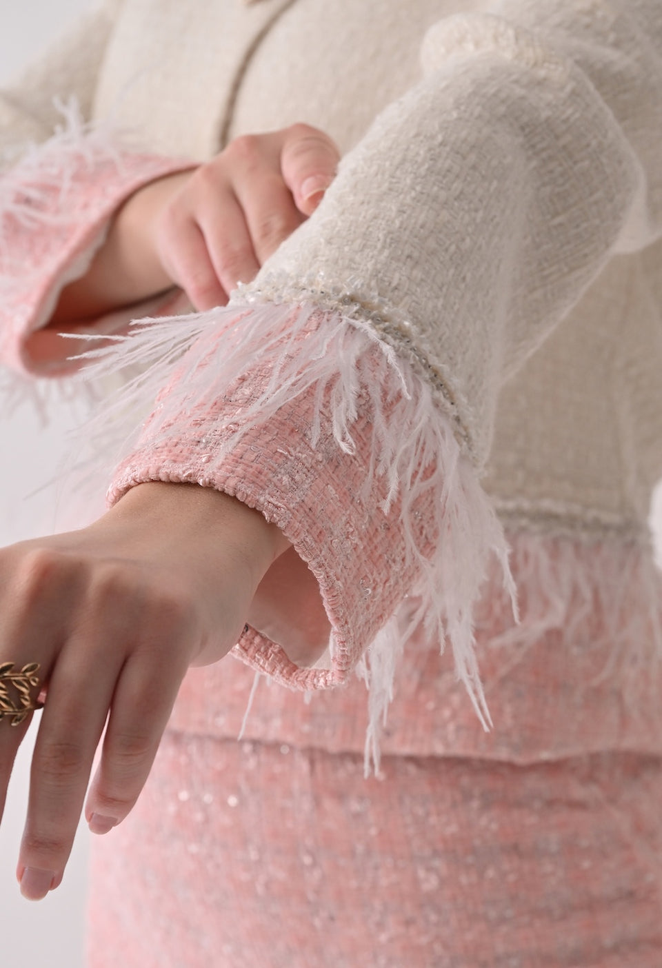 Cropped tweed white and pink jacket and skirt set