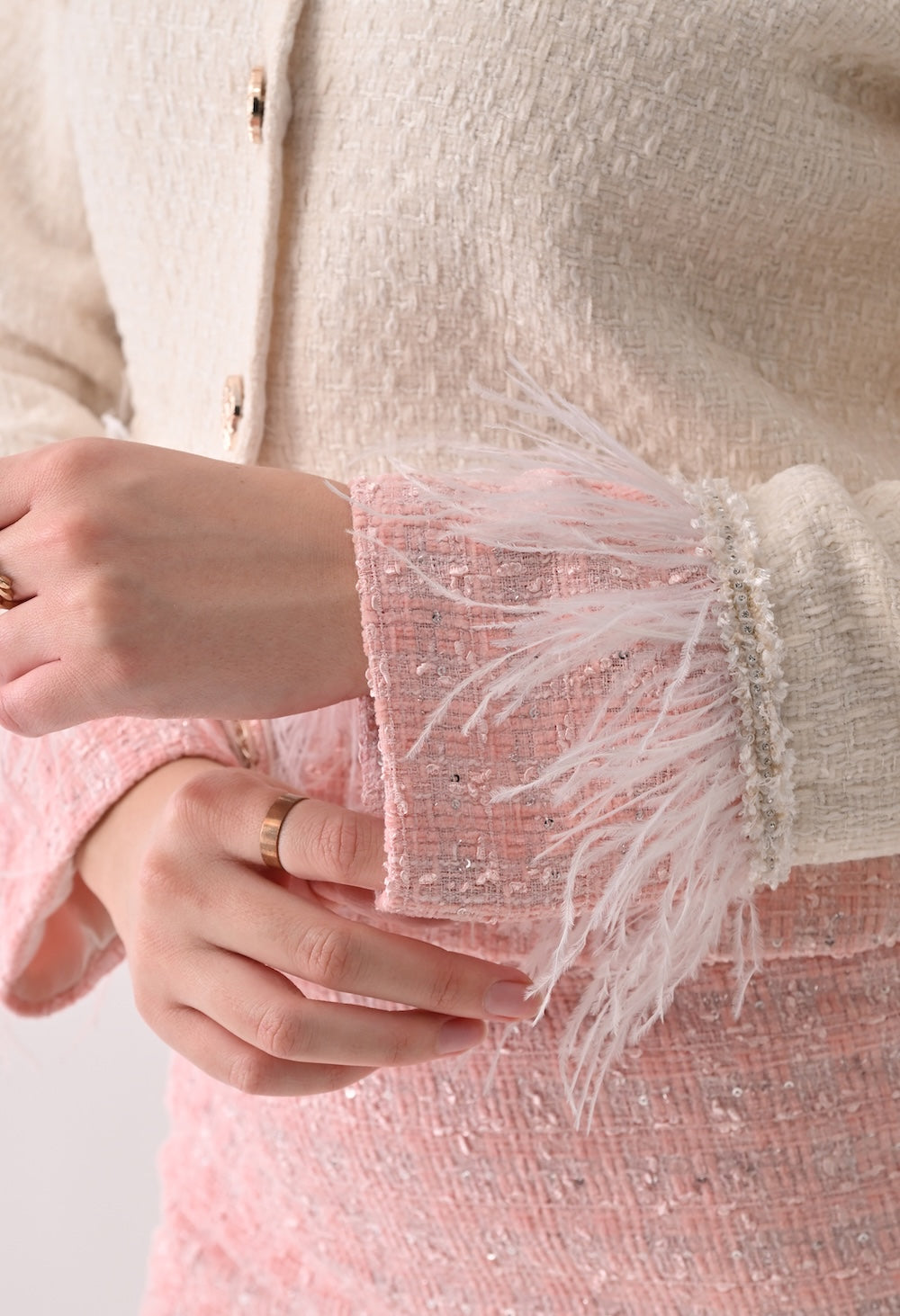 Cropped tweed white and pink jacket and skirt set