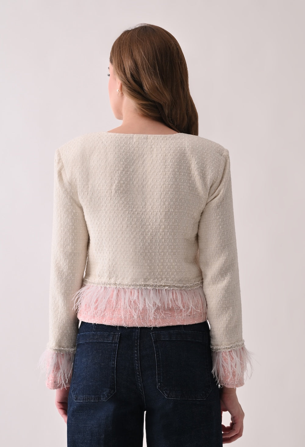 Cropped tweed white and pink jacket and skirt set