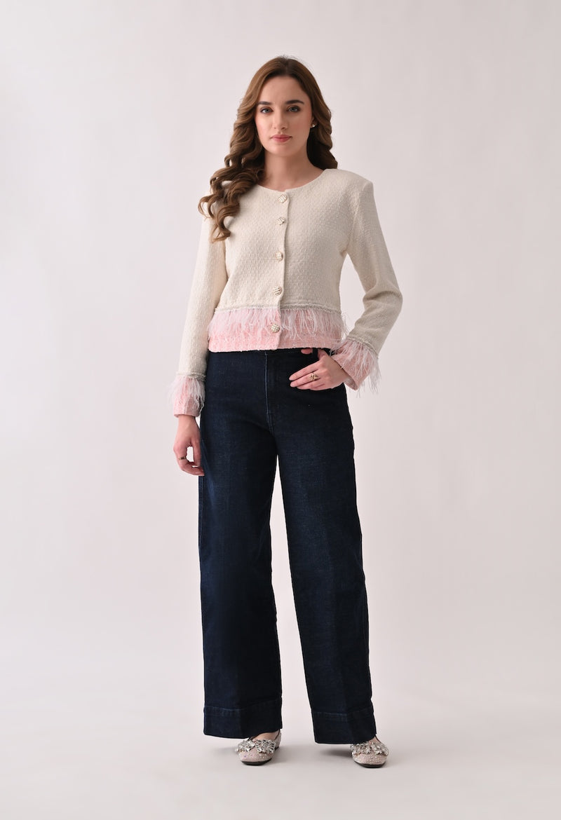Cropped tweed white and pink jacket and skirt set