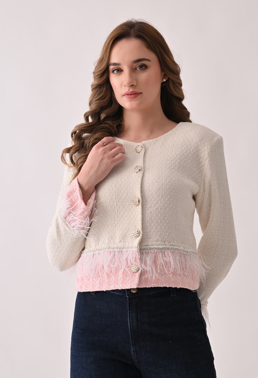 Cropped tweed white and pink jacket and skirt set
