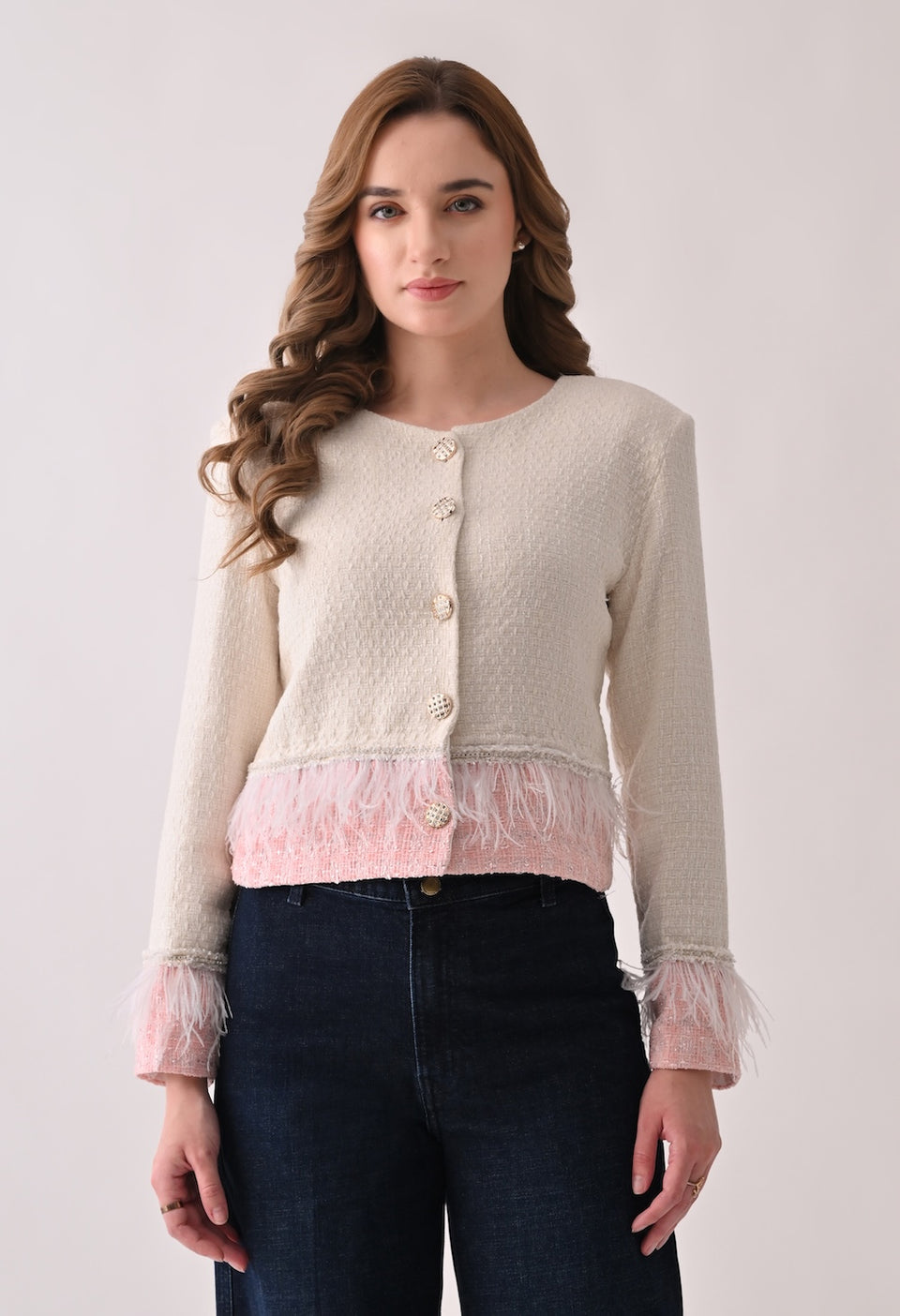 Cropped tweed white and pink jacket and skirt set