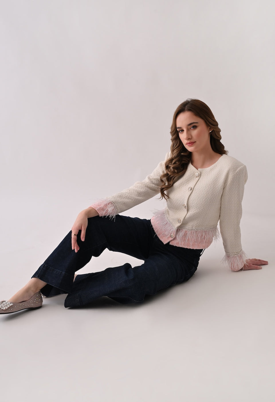 Cropped tweed white and pink jacket and skirt set