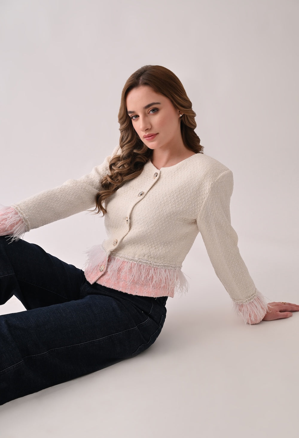 Cropped tweed white and pink jacket and skirt set