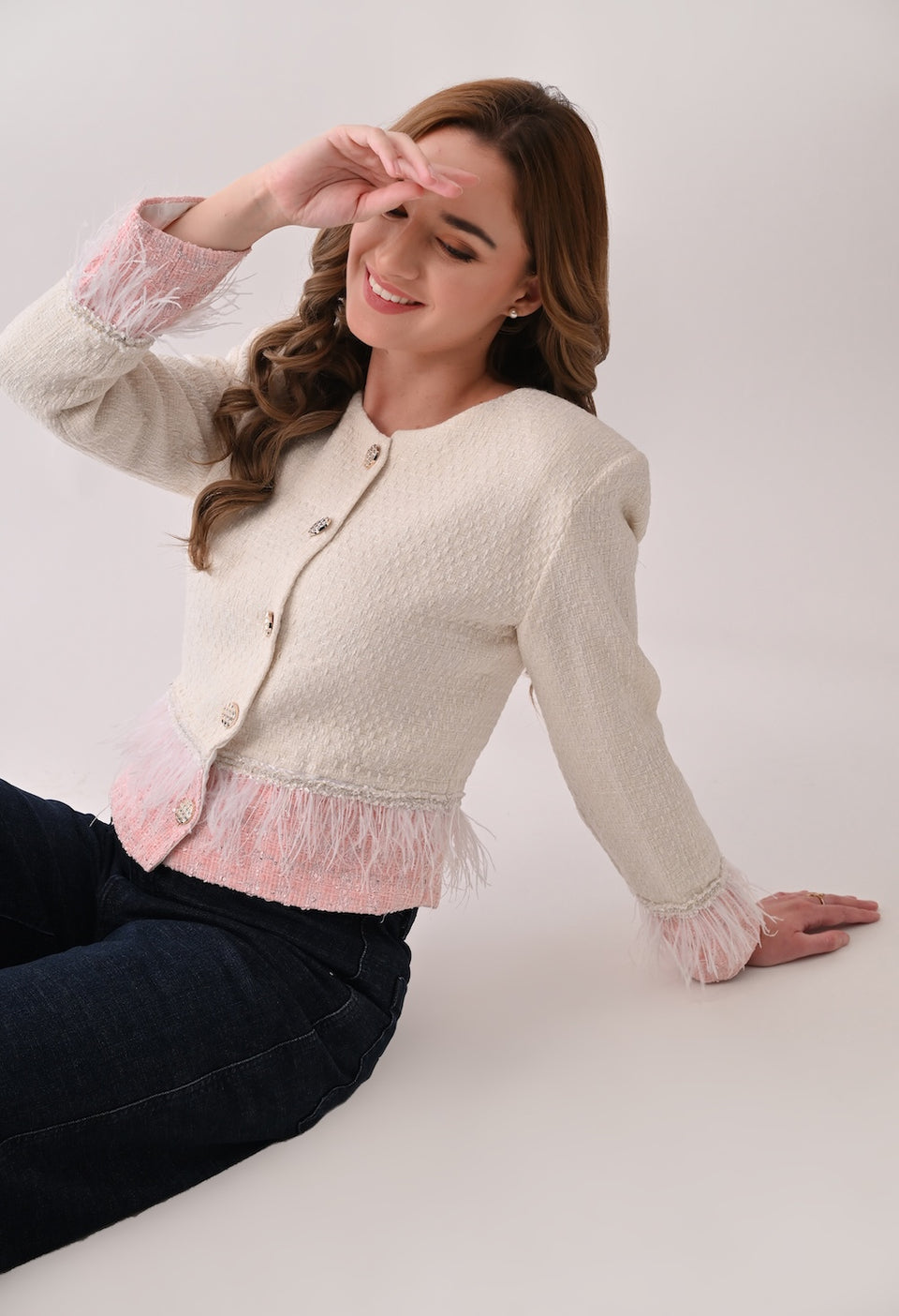 Cropped tweed white and pink jacket and skirt set