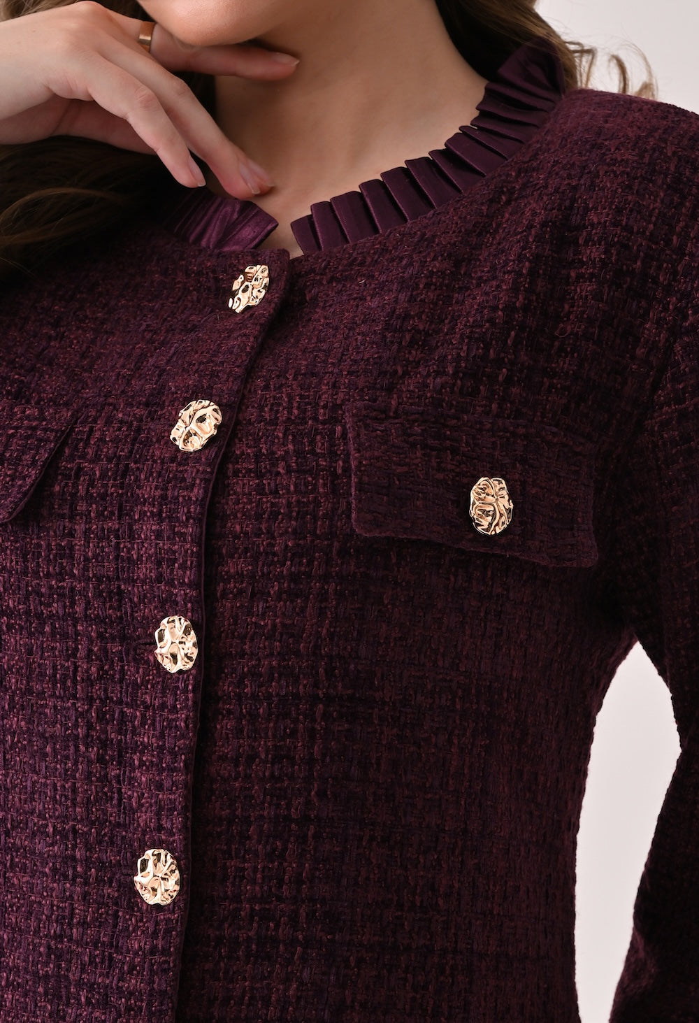 Plum swede blazer with golden buttons
