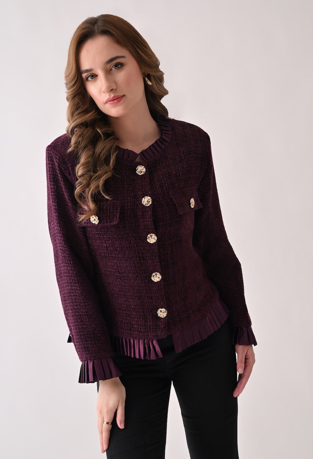 Plum swede blazer with golden buttons