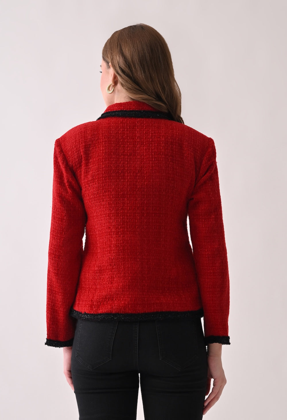 Red tweed blazer with satin bow and lace detailing