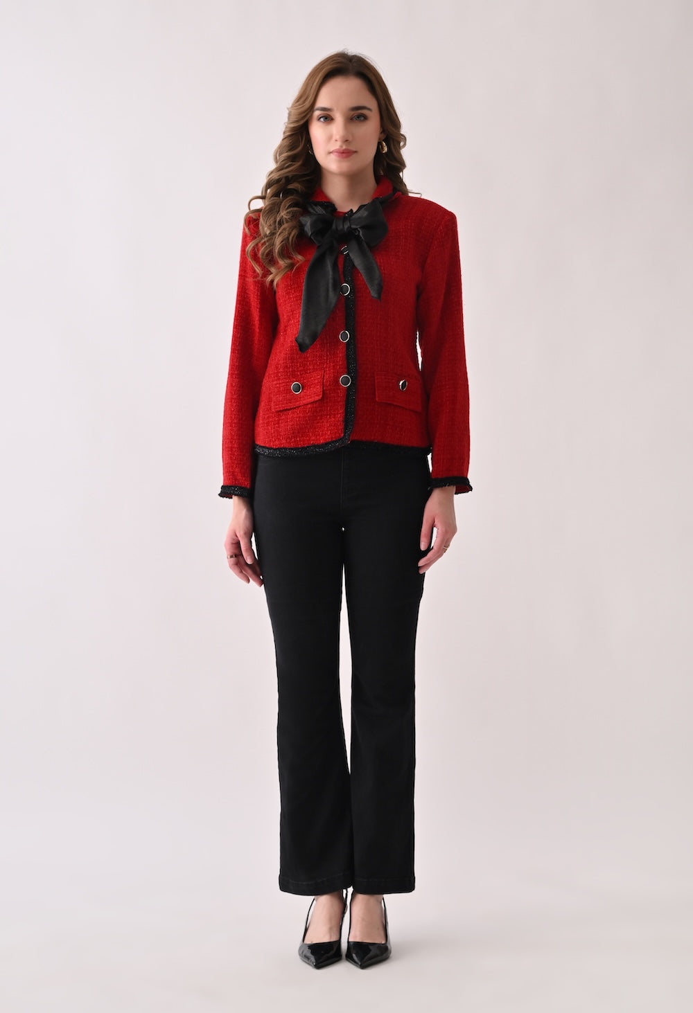 Red tweed blazer with satin bow and lace detailing