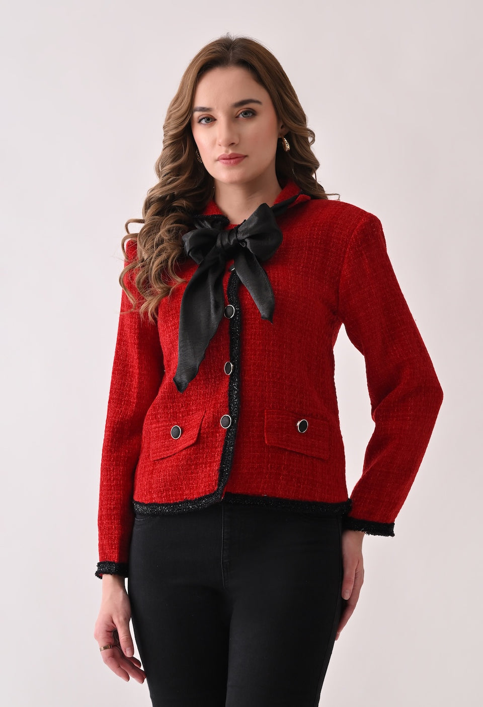 Red tweed blazer with satin bow and lace detailing