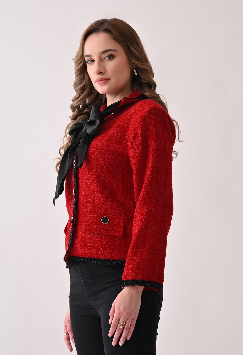 Red tweed blazer with satin bow and lace detailing