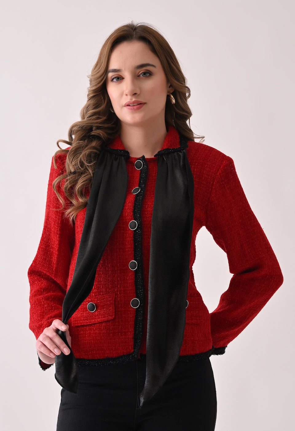 Red tweed blazer with satin bow and lace detailing