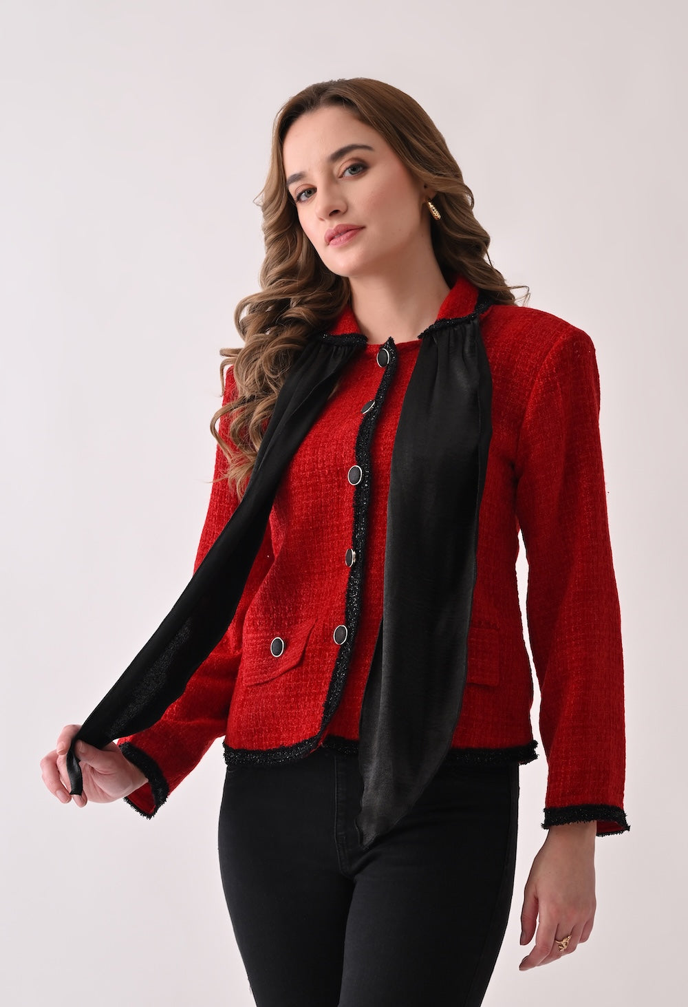 Red tweed blazer with satin bow and lace detailing