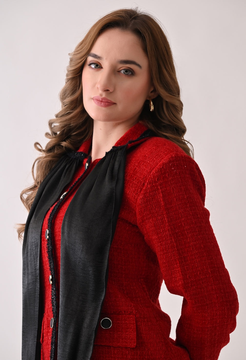 Red tweed blazer with satin bow and lace detailing