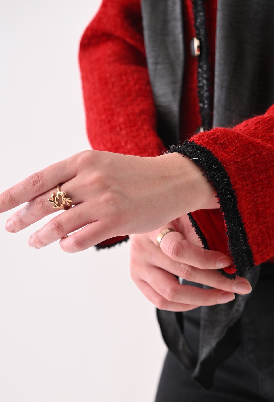 Red tweed blazer with satin bow and lace detailing