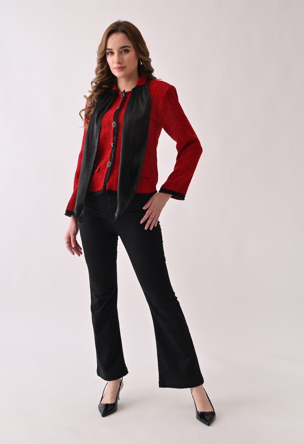 Red tweed blazer with satin bow and lace detailing