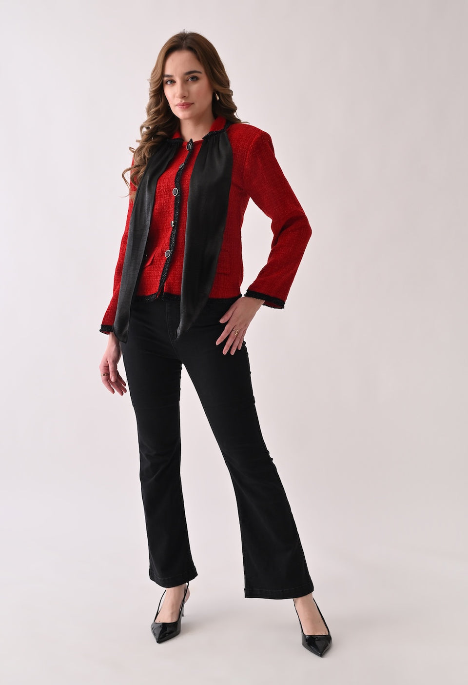 Red tweed blazer with satin bow and lace detailing