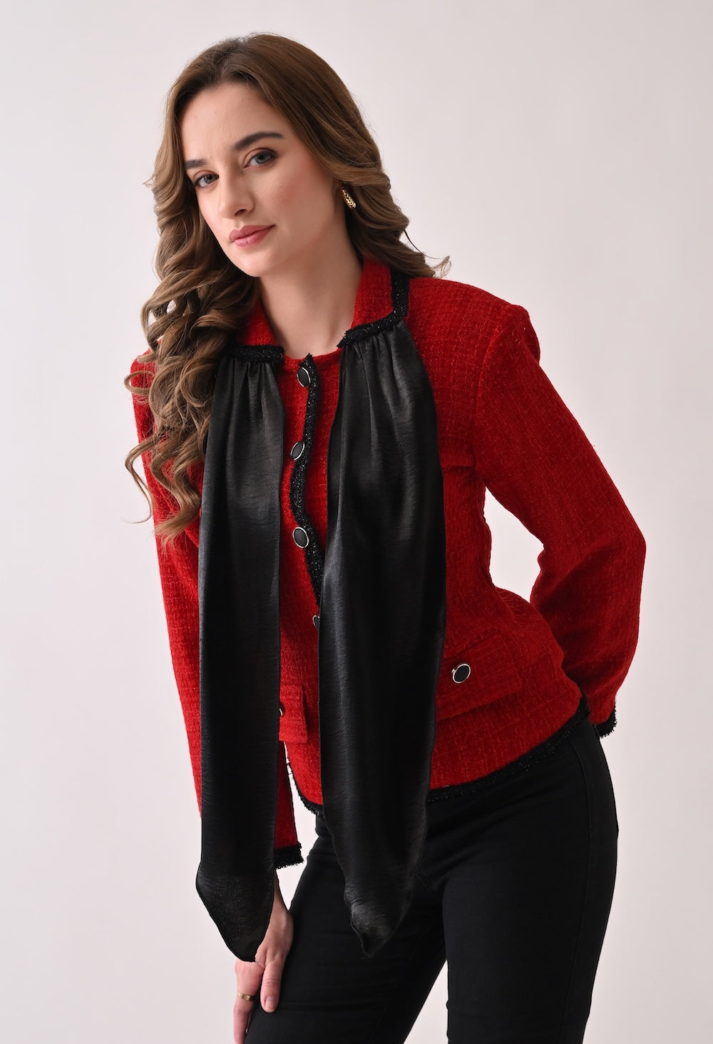 Red tweed blazer with satin bow and lace detailing