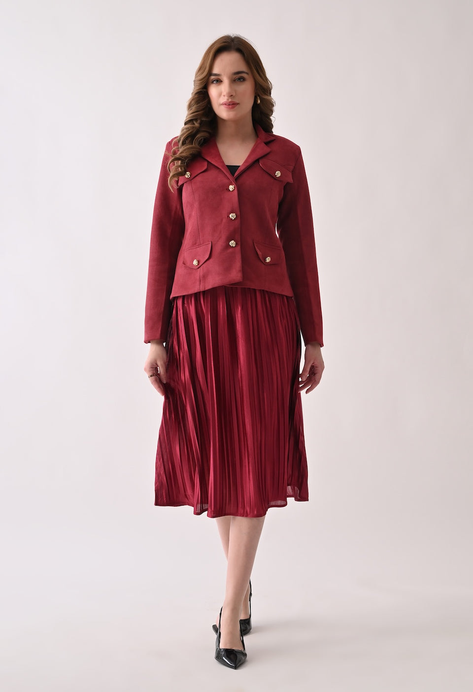 Chic red skirt and blazer set