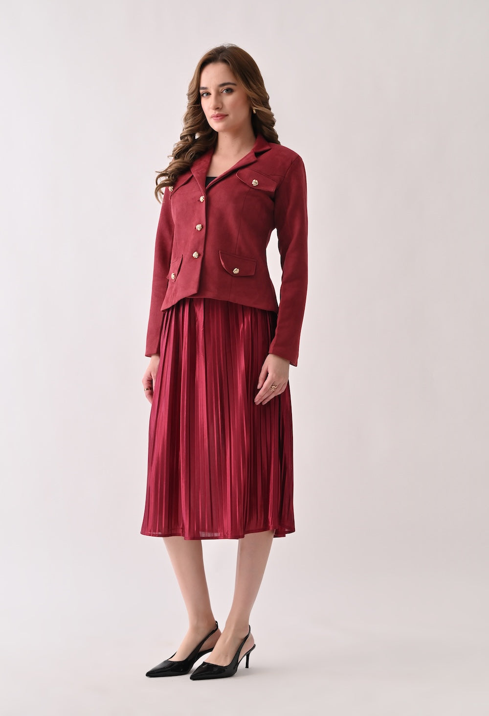 Chic red skirt and blazer set