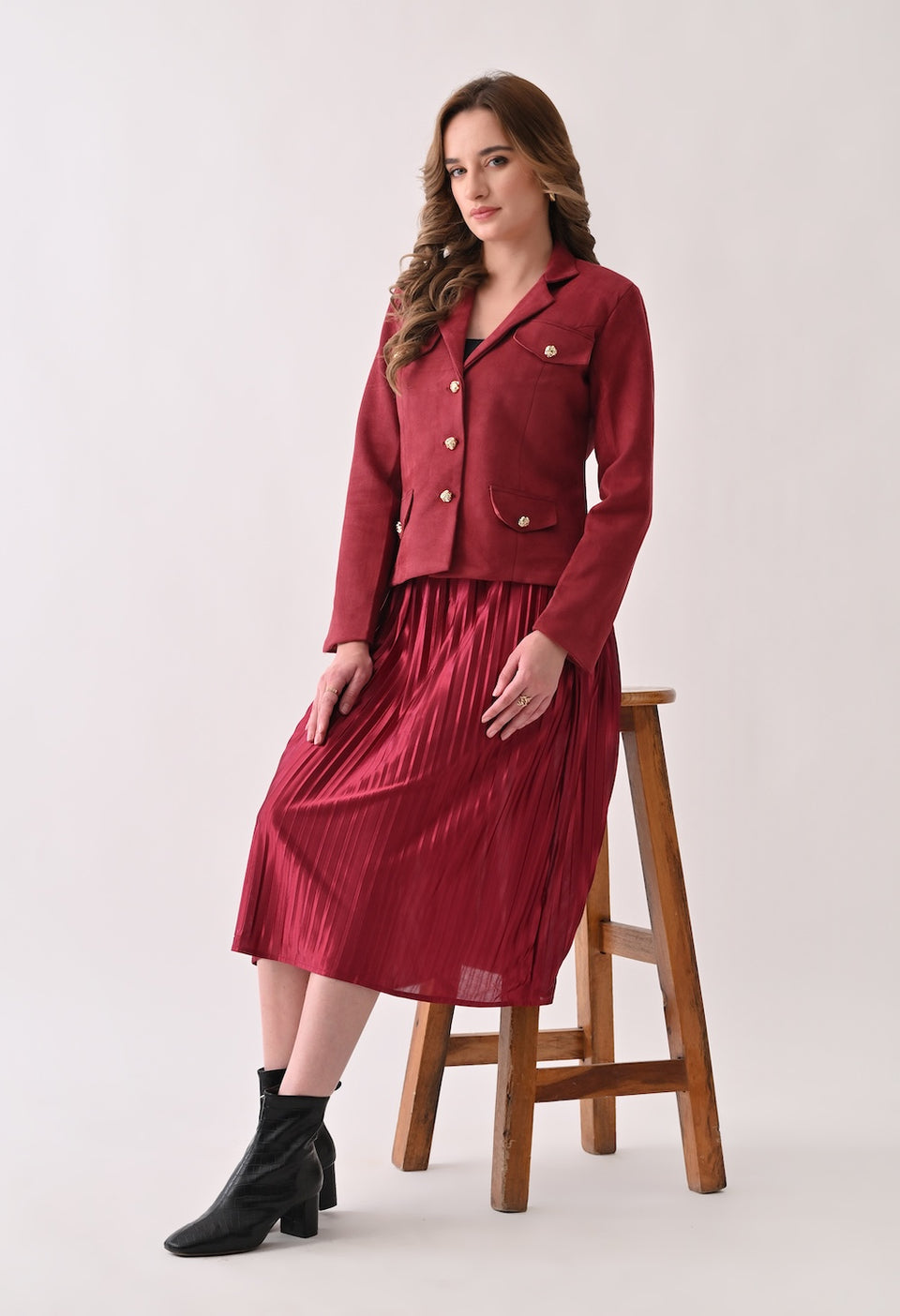 Chic red skirt and blazer set