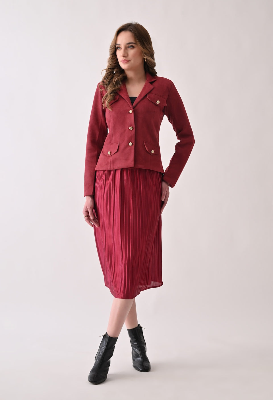 Chic red skirt and blazer set