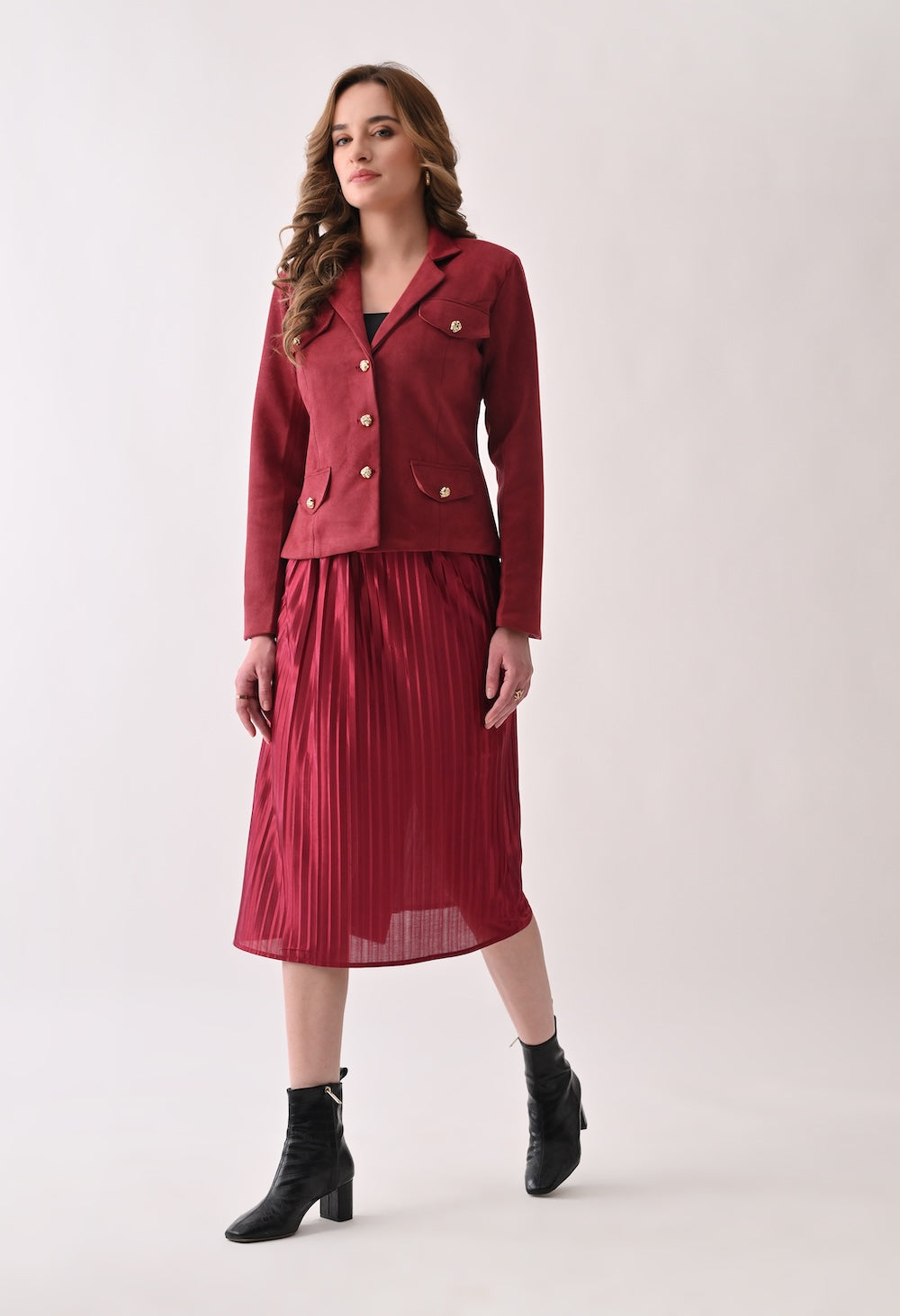 Chic red skirt and blazer set