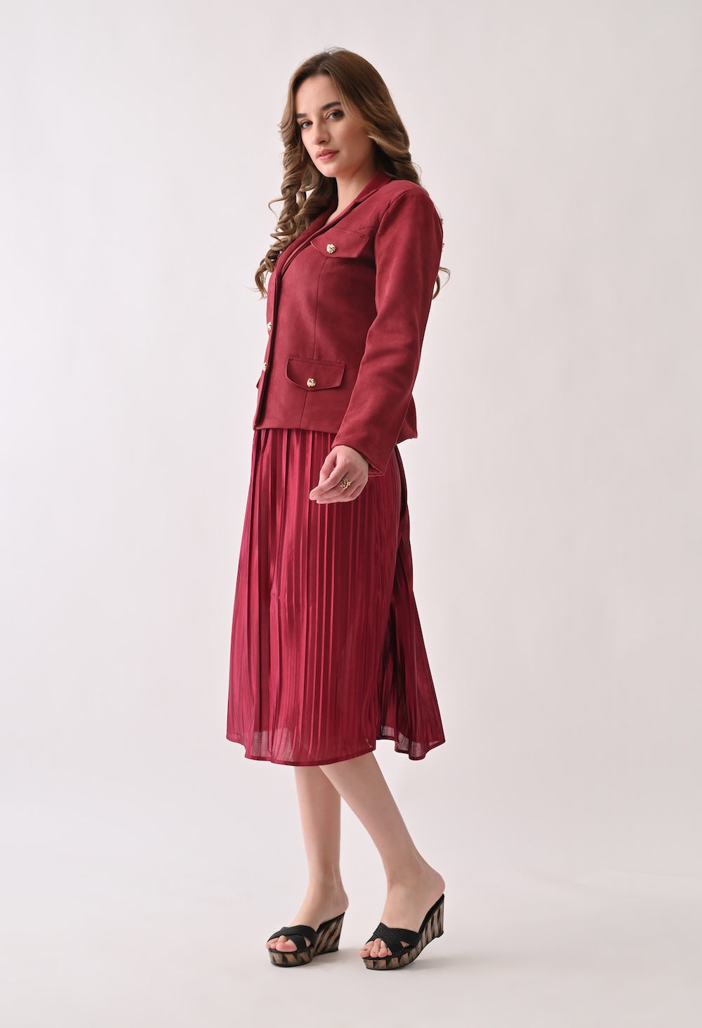 Chic red skirt and blazer set