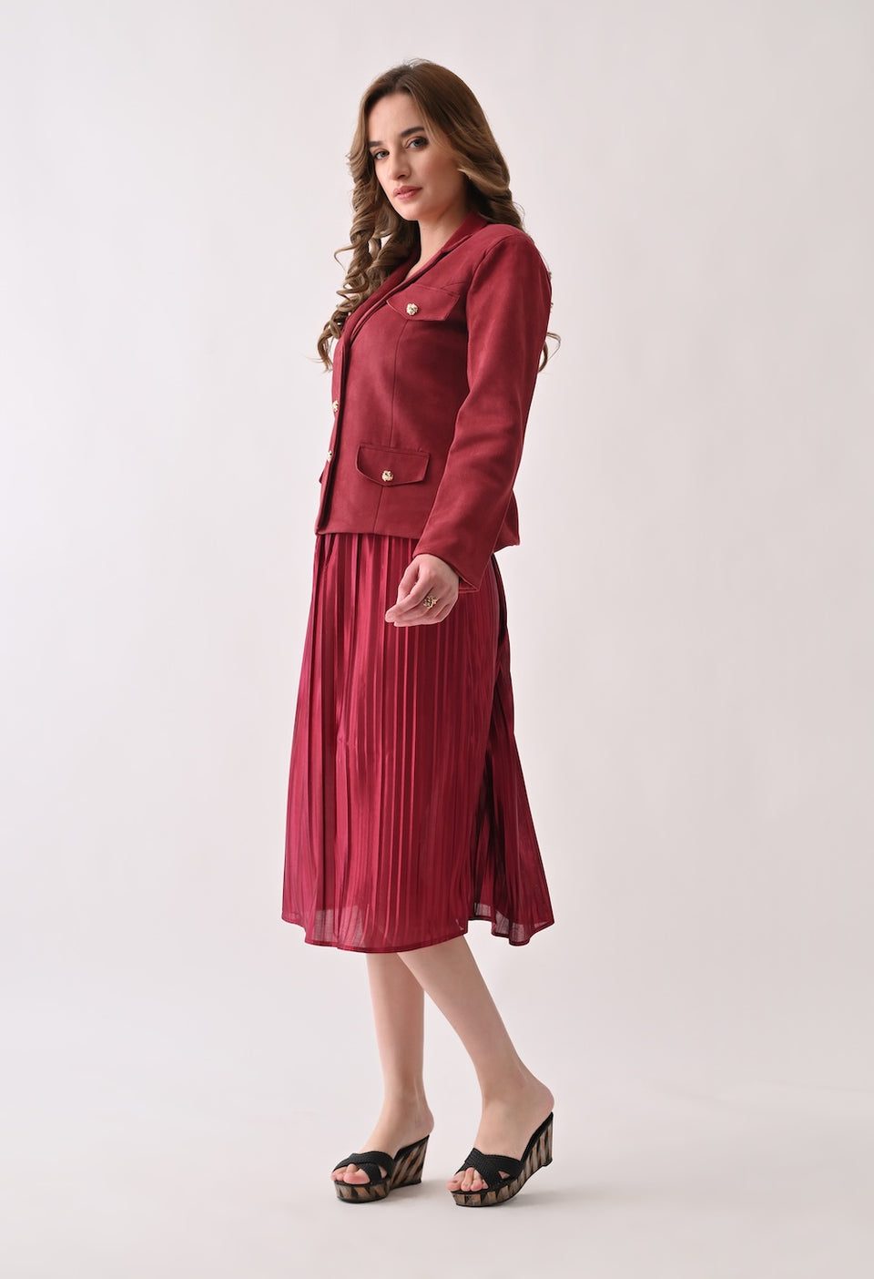 Chic red skirt and blazer set