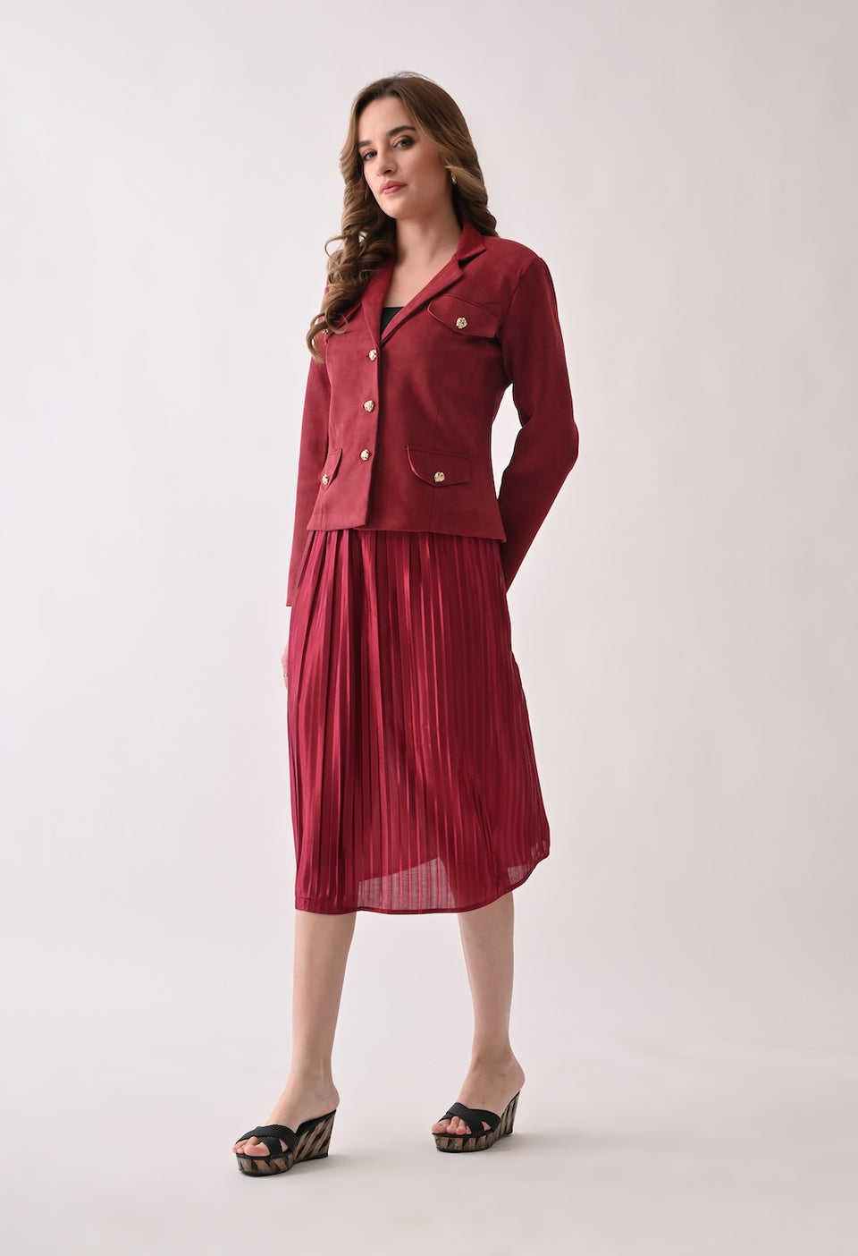 Chic red skirt and blazer set