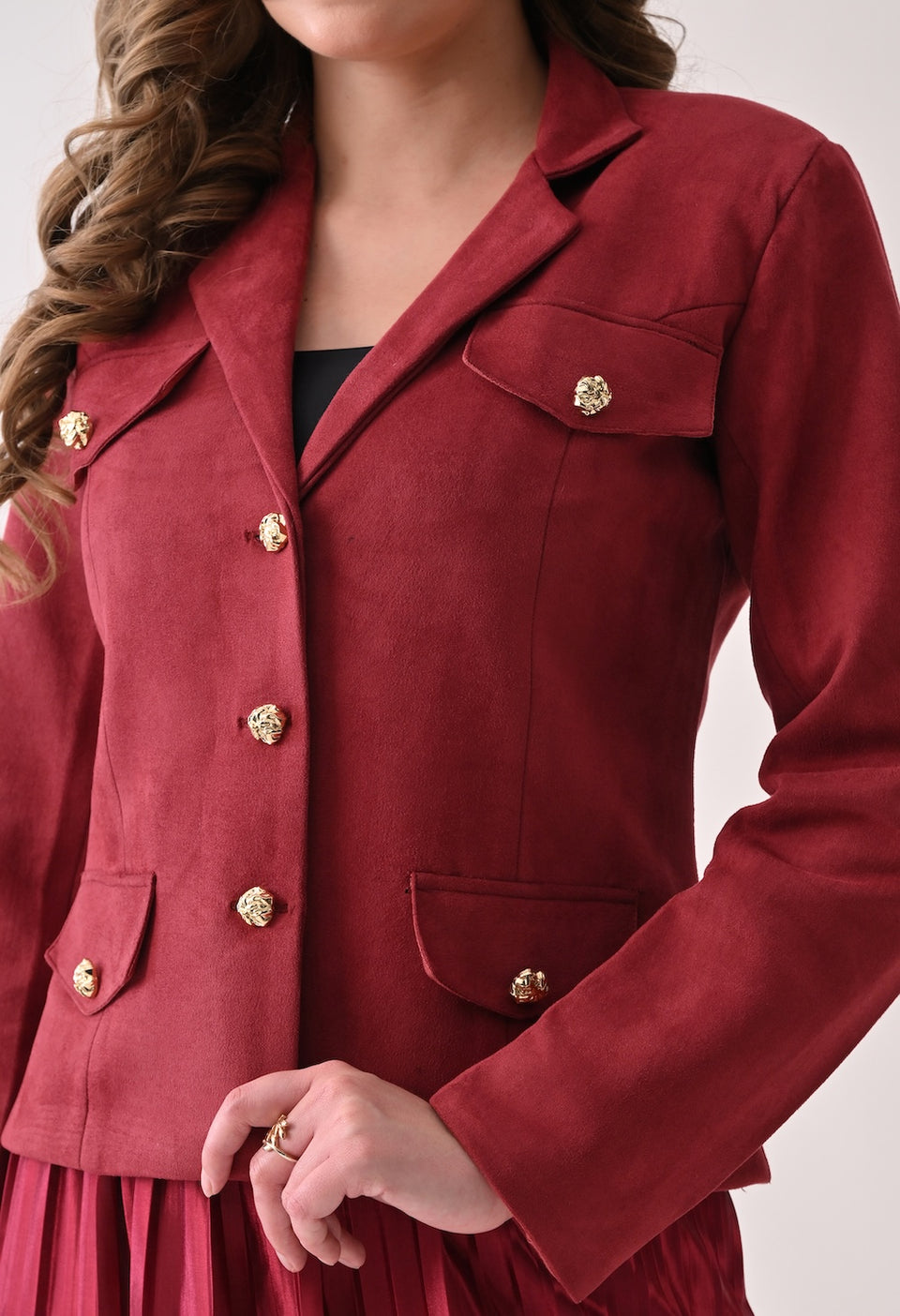 Chic red skirt and blazer set