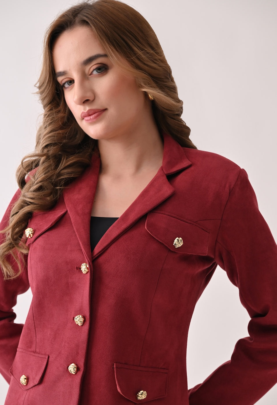 Chic red skirt and blazer set