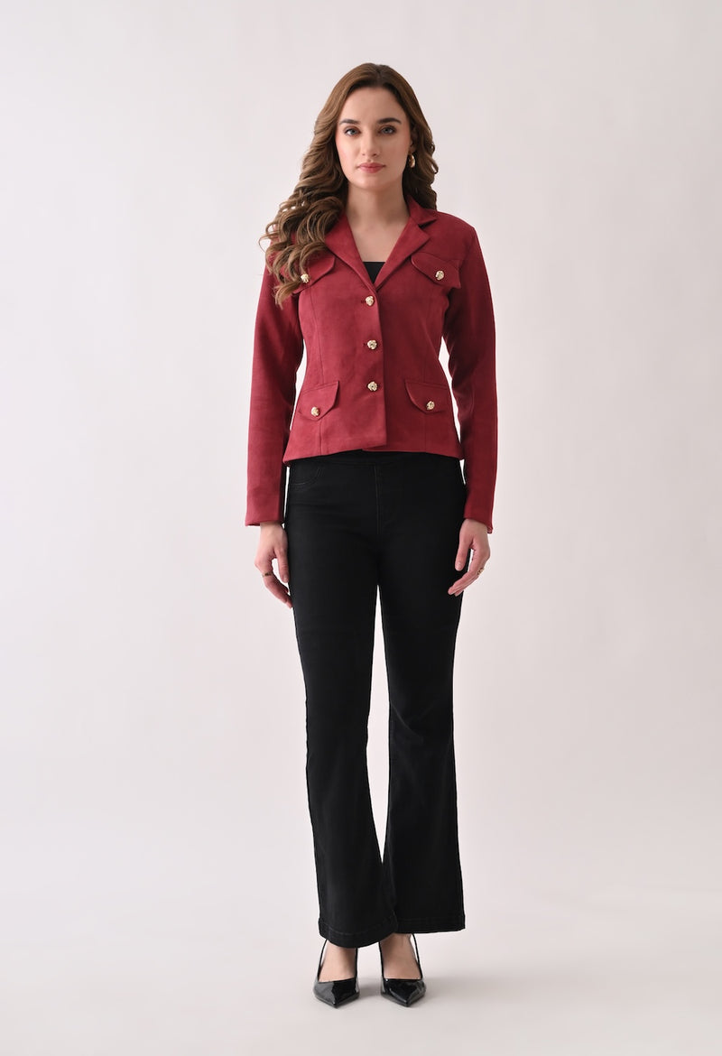 Red suede blazer with golden buttons