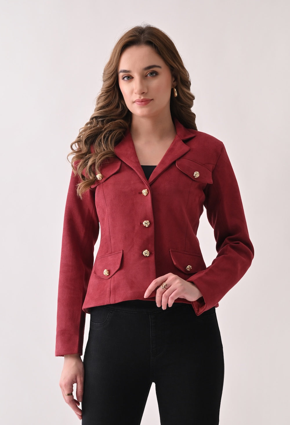 Red suede blazer with golden buttons