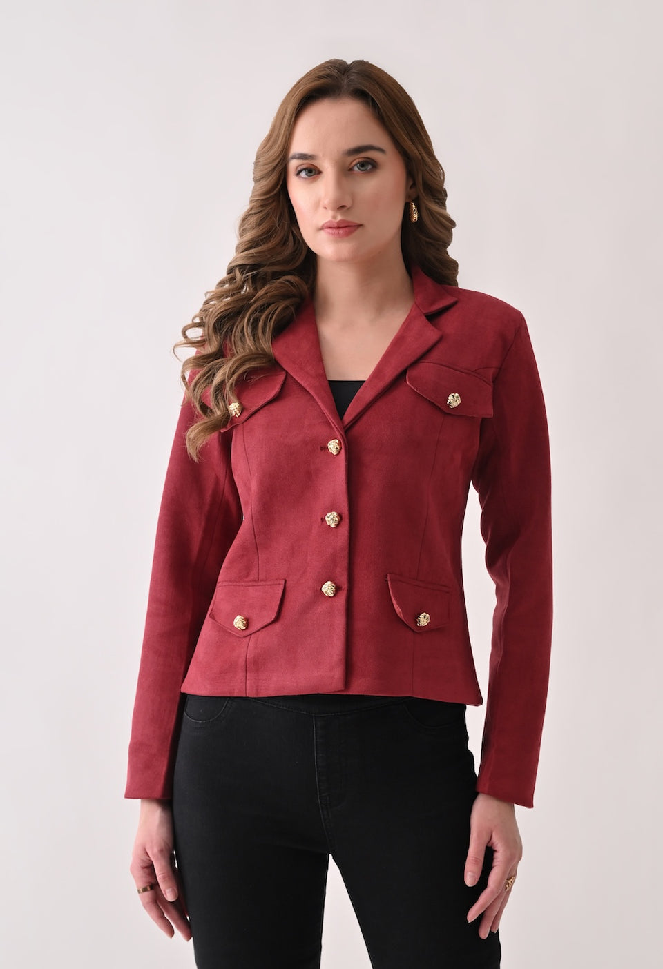 Red suede blazer with golden buttons