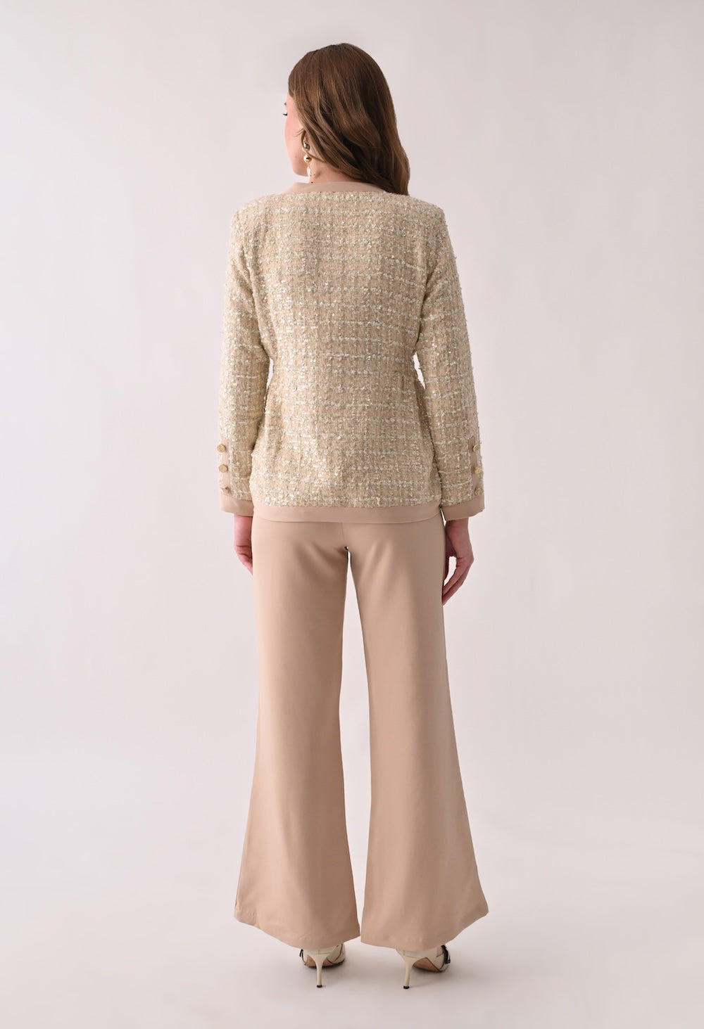 Beige tweed blazer with matching trousers