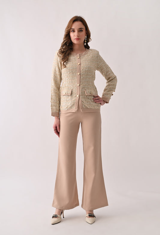 Beige tweed blazer with matching trousers