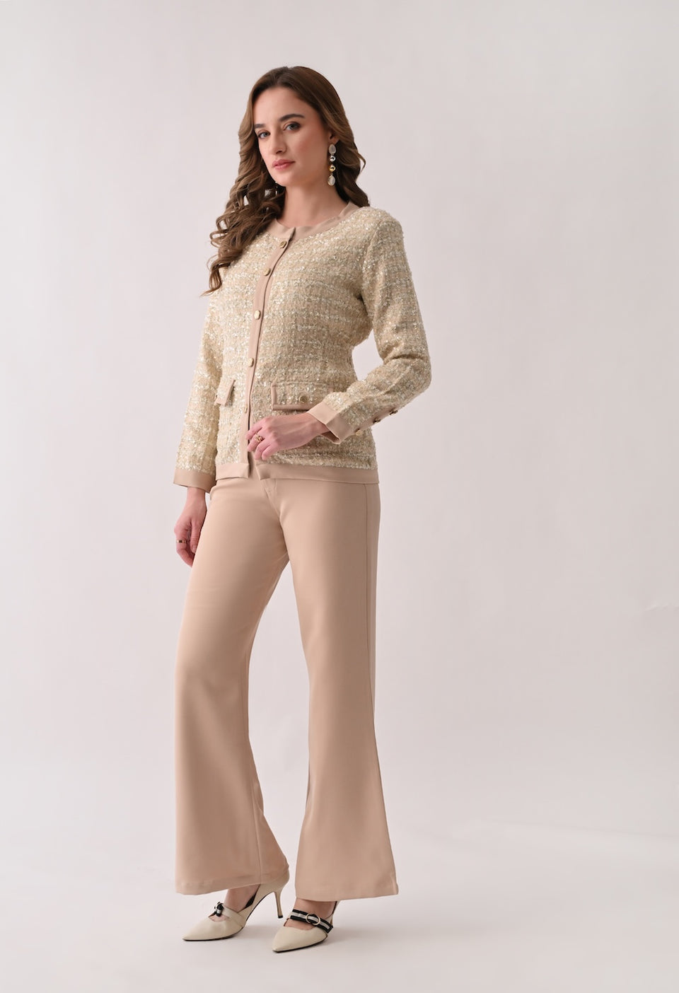 Beige tweed blazer with matching trousers