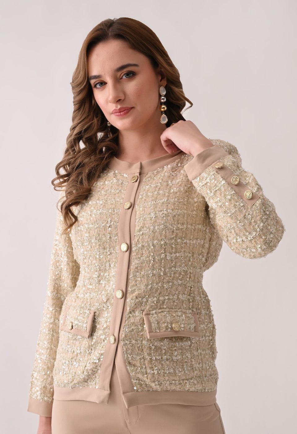 Beige tweed blazer with matching trousers