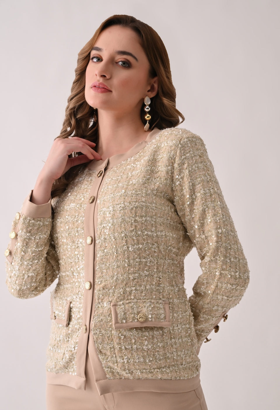 Beige tweed blazer with matching trousers