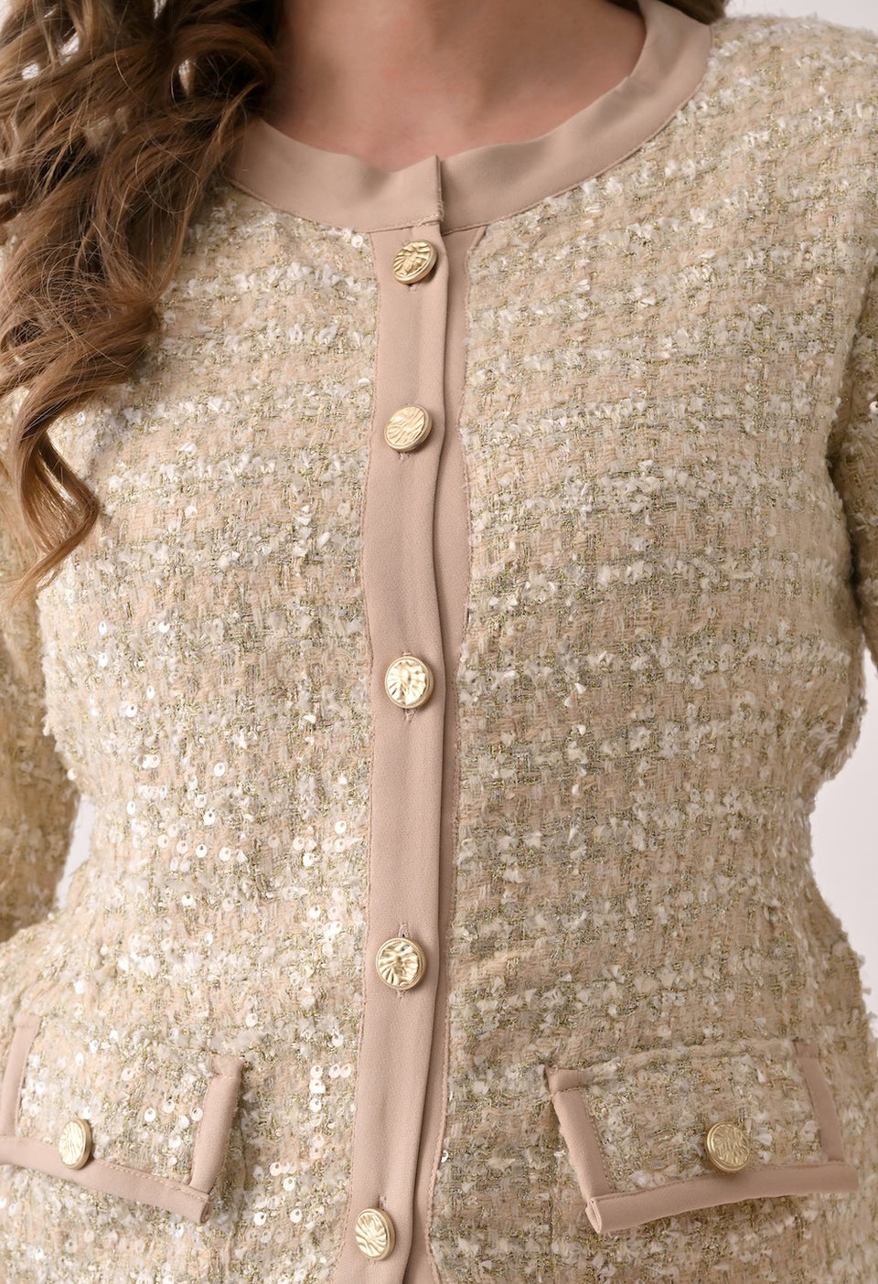 Beige tweed blazer with matching trousers