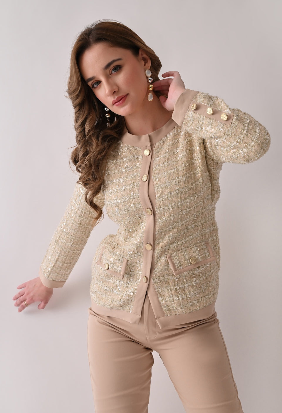 Beige tweed blazer with matching trousers